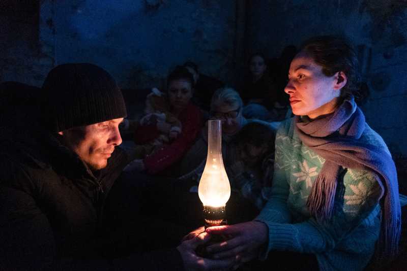 People take shelter in a youth theater in Mariupol, Ukraine, March 6, 2022. From 20 Days in Mariupol. (AP Photo/Mstyslav Chernov)